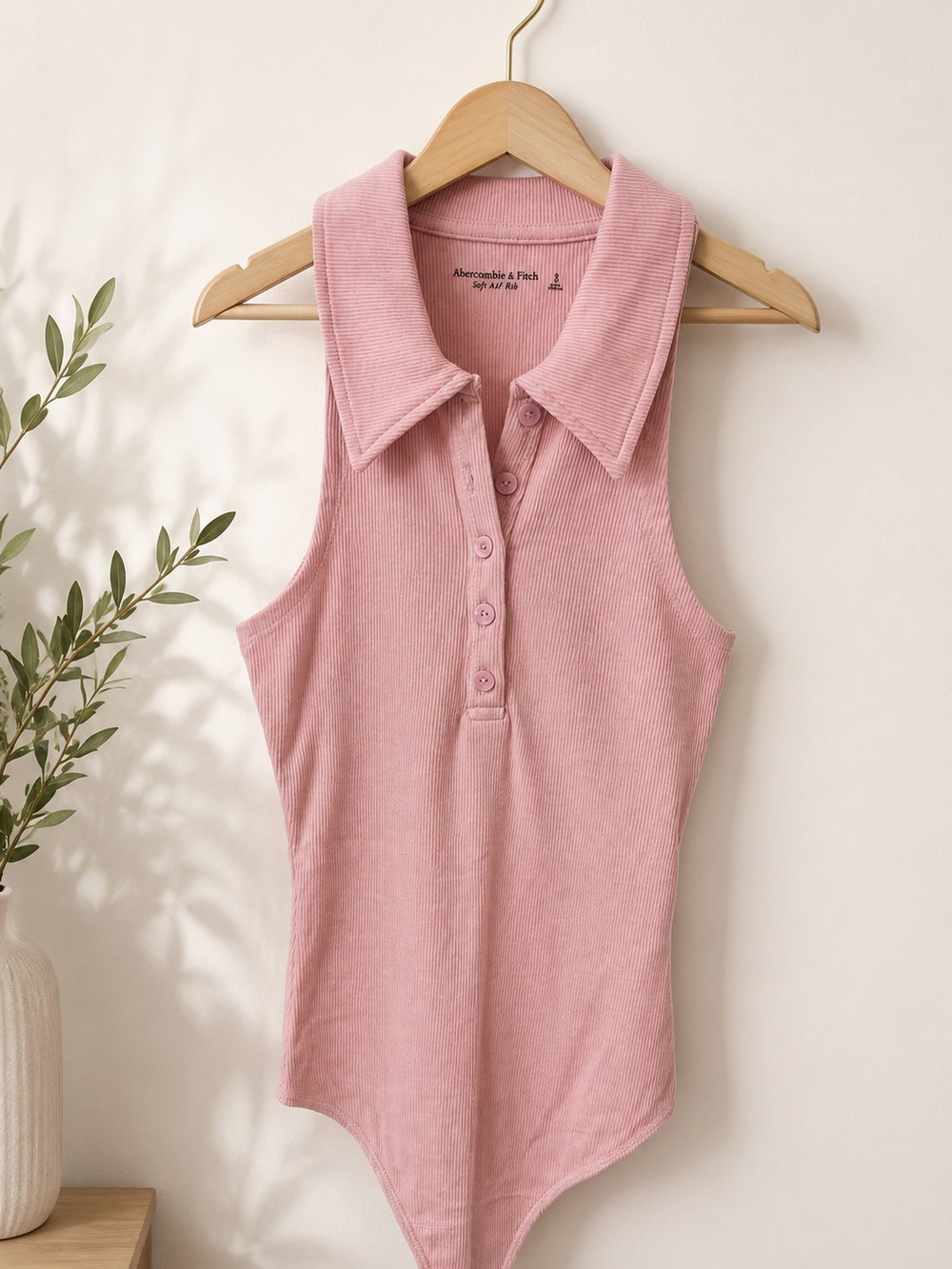 Abercrombie & Fitch Ribbed Collared Sleeveless Bodysuit - Dusty Pink - Picture 2 of 3